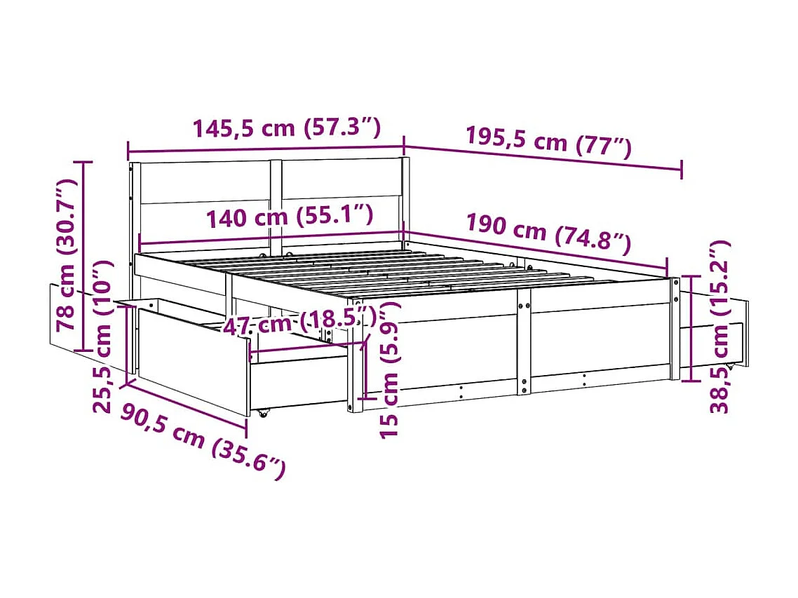 Bedframe zonder matras massief grenenhout 140x190 cm