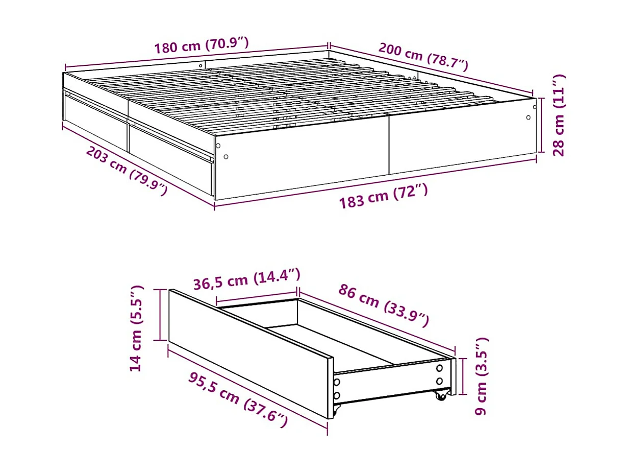 Cadre de lit avec tiroirs sans matelas chêne fumé 180x200 cm