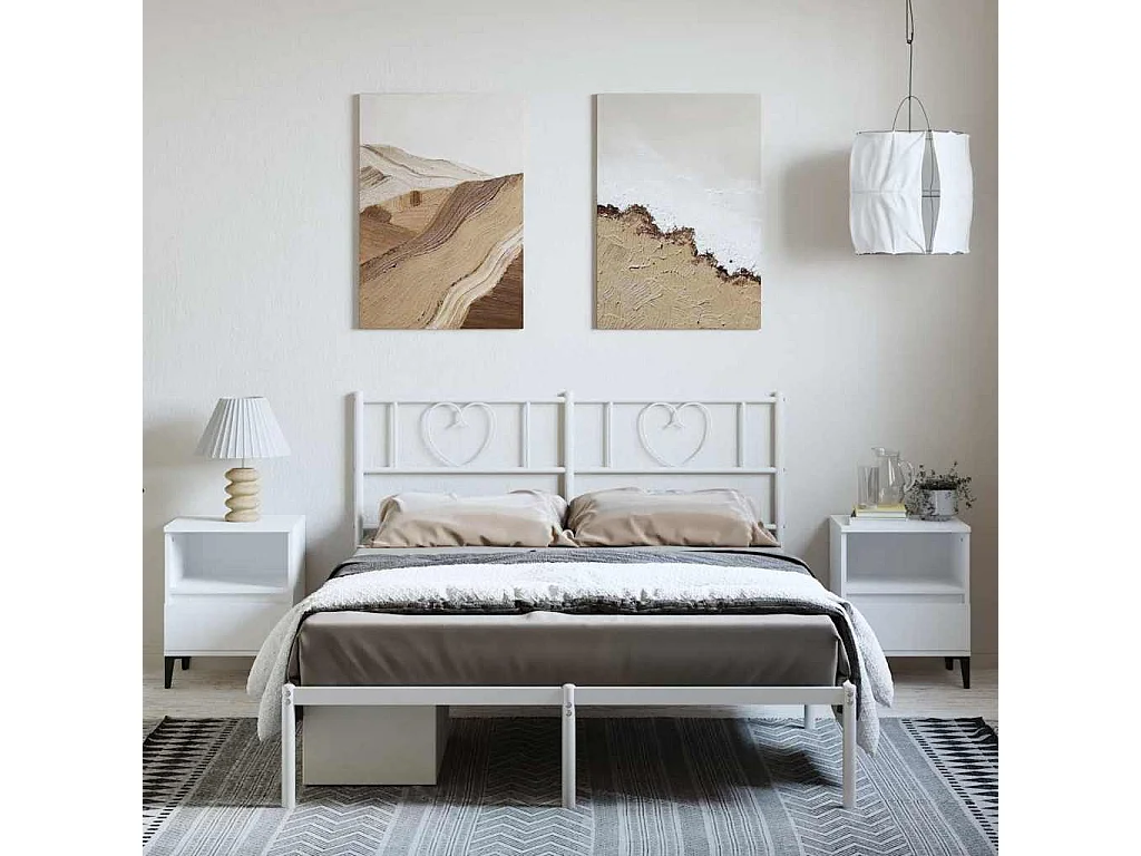 Cadre de lit métal sans matelas et tête de lit blanc 135x190 cm