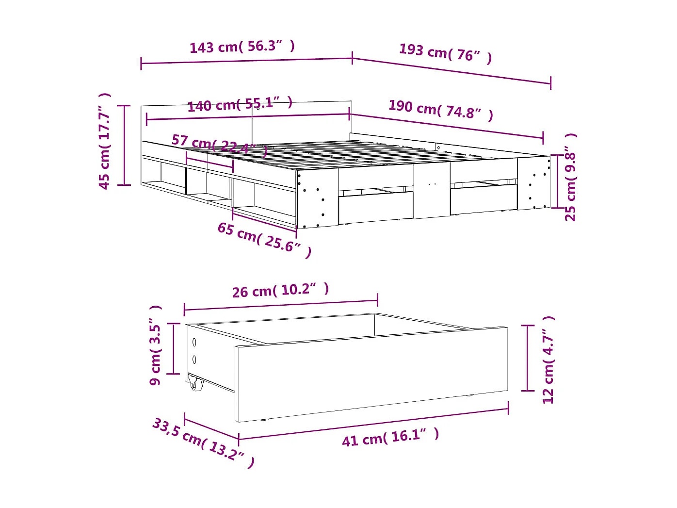 Bettgestell mit Schubladen Sonoma-Eiche 140x190cm Holzwerkstoff