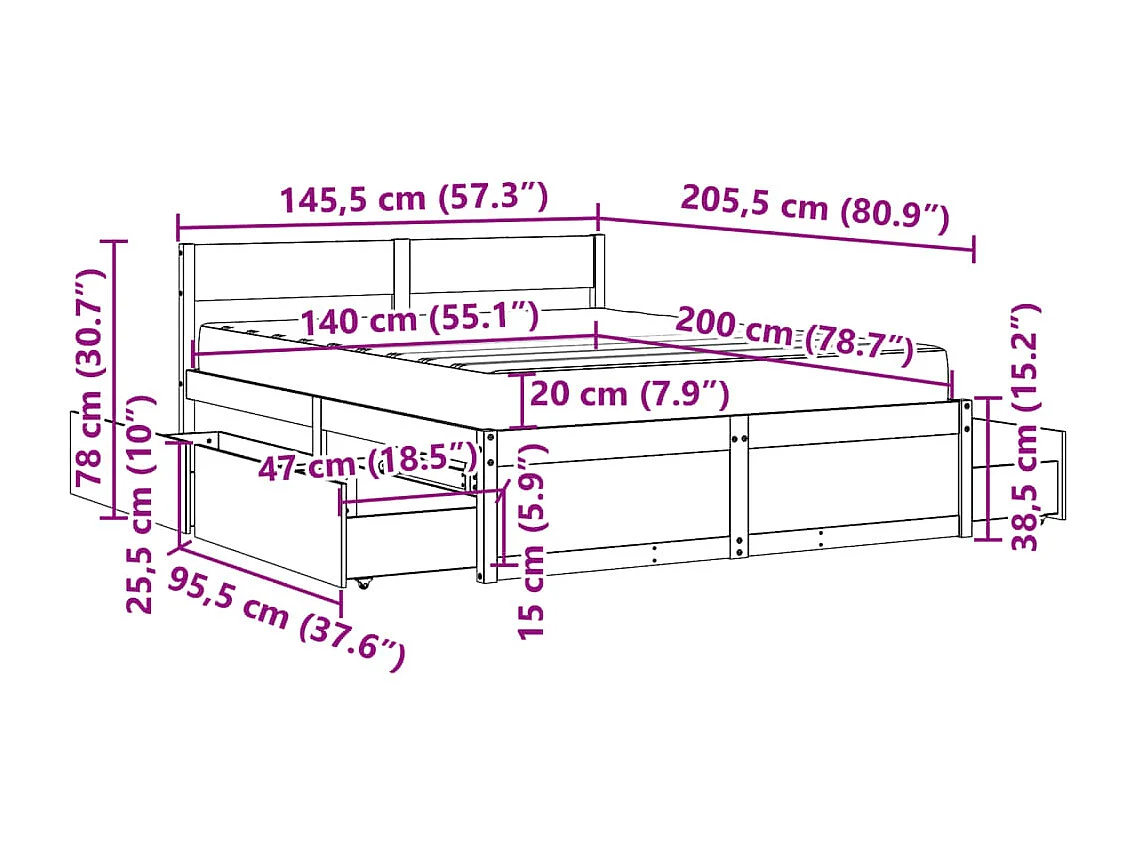Letto con Cassetti e Materasso 140x200 cm Legno Massello Pino