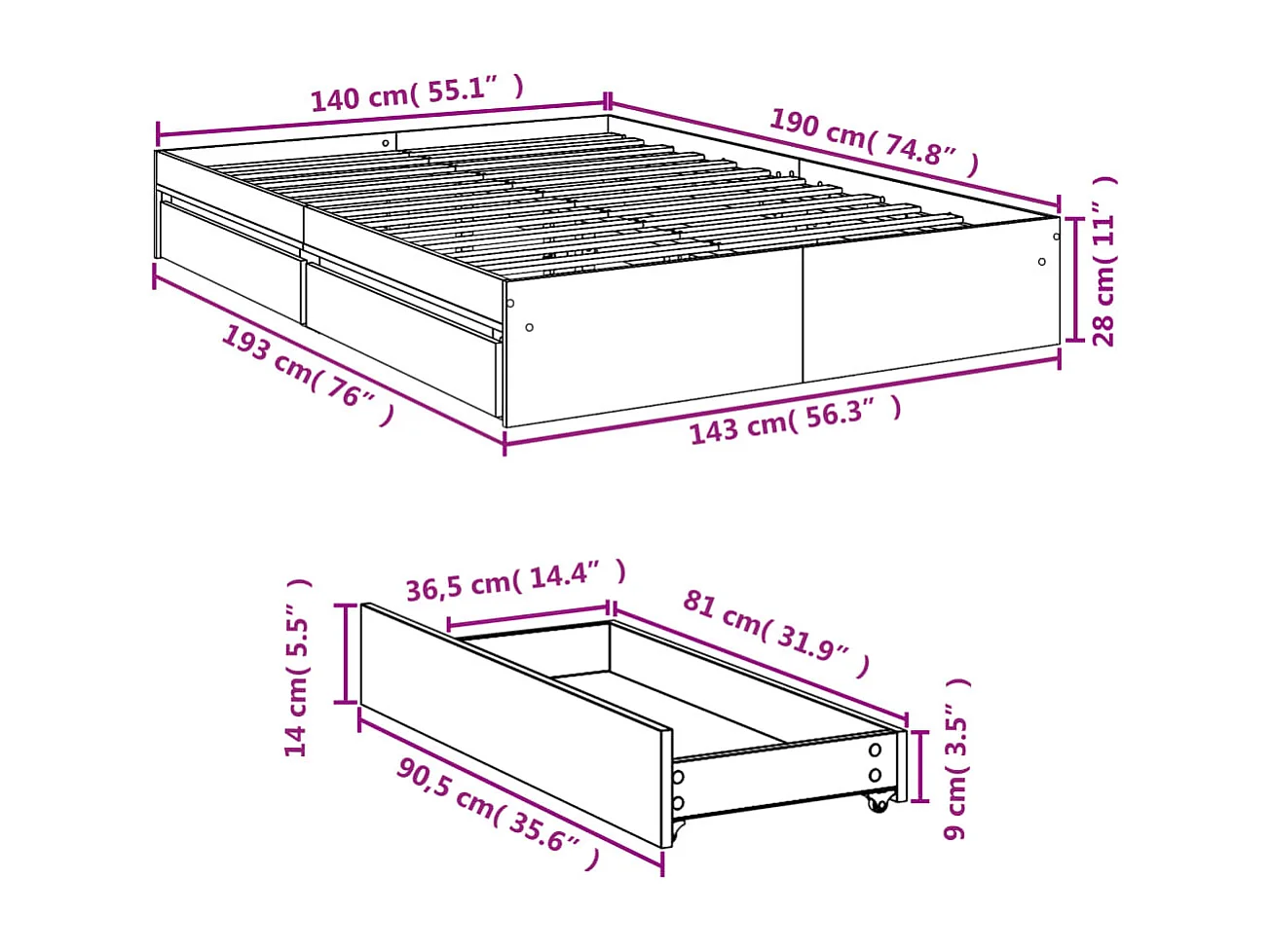 Bedframe met lades bewerkt hout zwart 140x190 cm