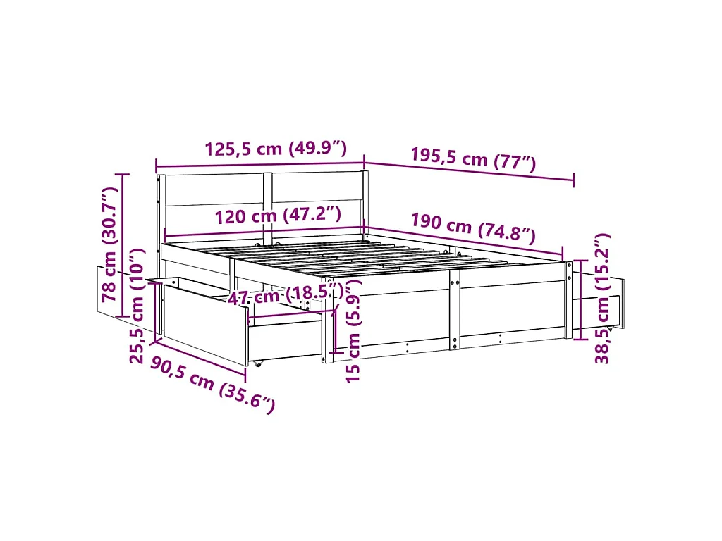 Bedframe zonder matras massief grenenhout 120x190 cm
