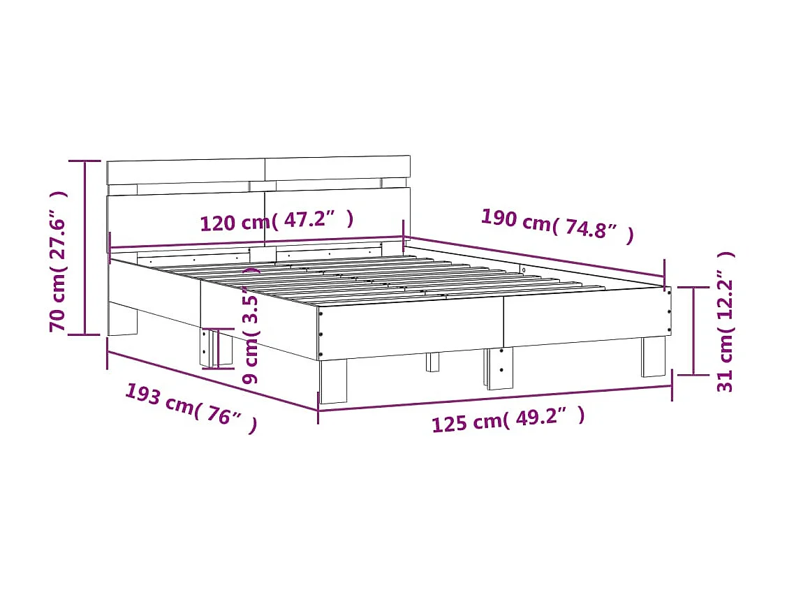 Bettgestell mit Kopfteil LED-Beleuchtung Grau Sonoma 120x190 cm