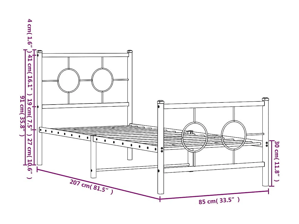 Estrutura de cama com cabeceira e pés 80x200 cm metal preto