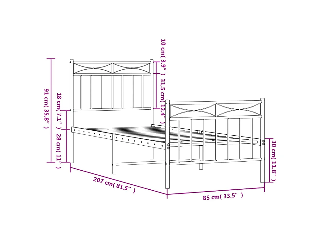 Cadre de lit métal sans matelas avec pied de lit noir 80x200 cm