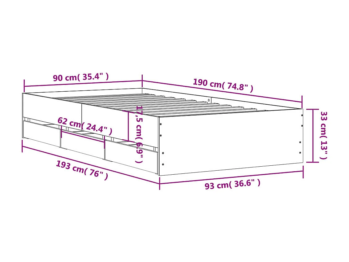 Cadre de lit avec tiroirs sans matelas chêne sonoma 90x190 cm