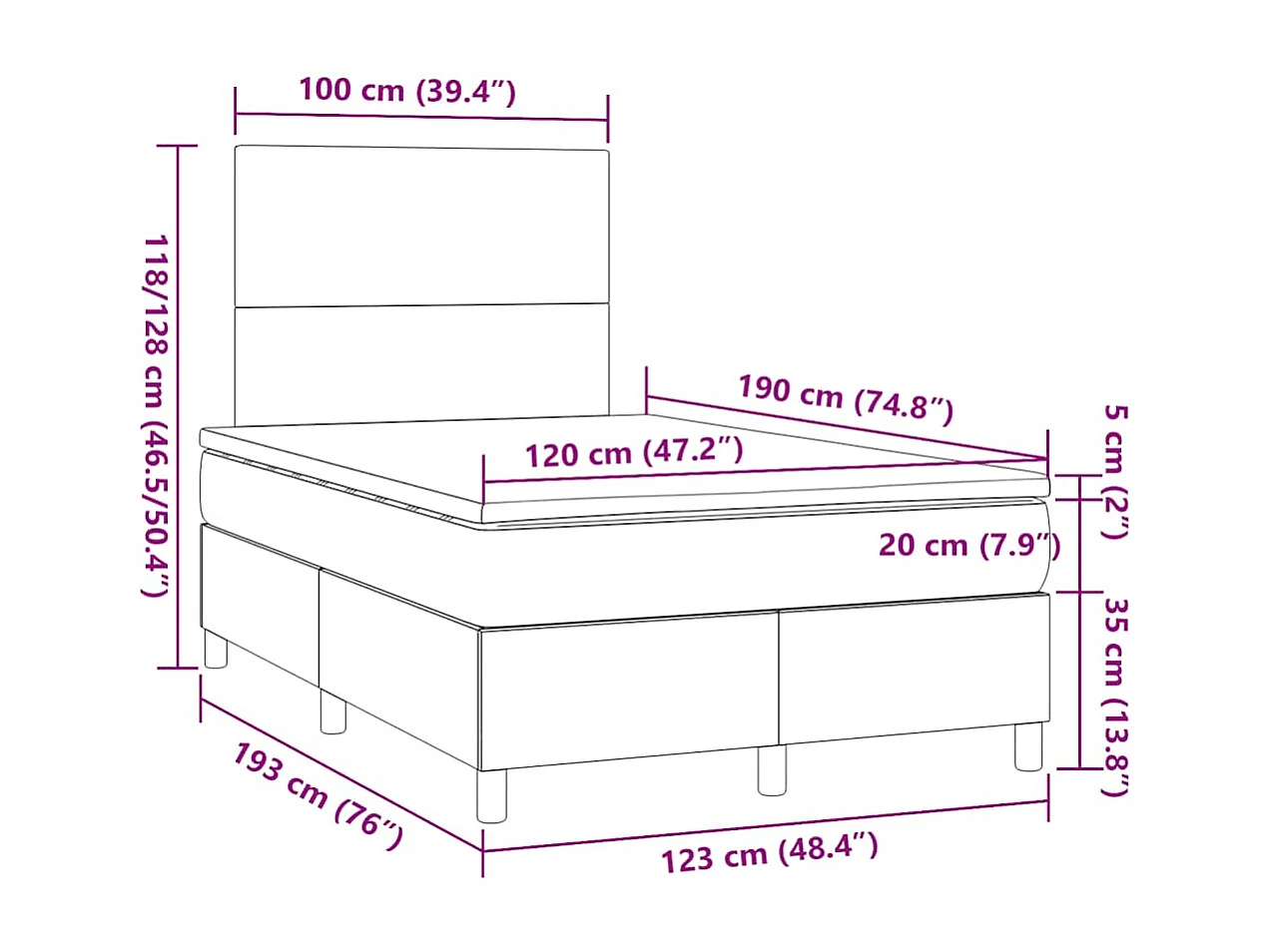 Sommier à lattes de lit matelas et LED marron foncé 120x190 cm