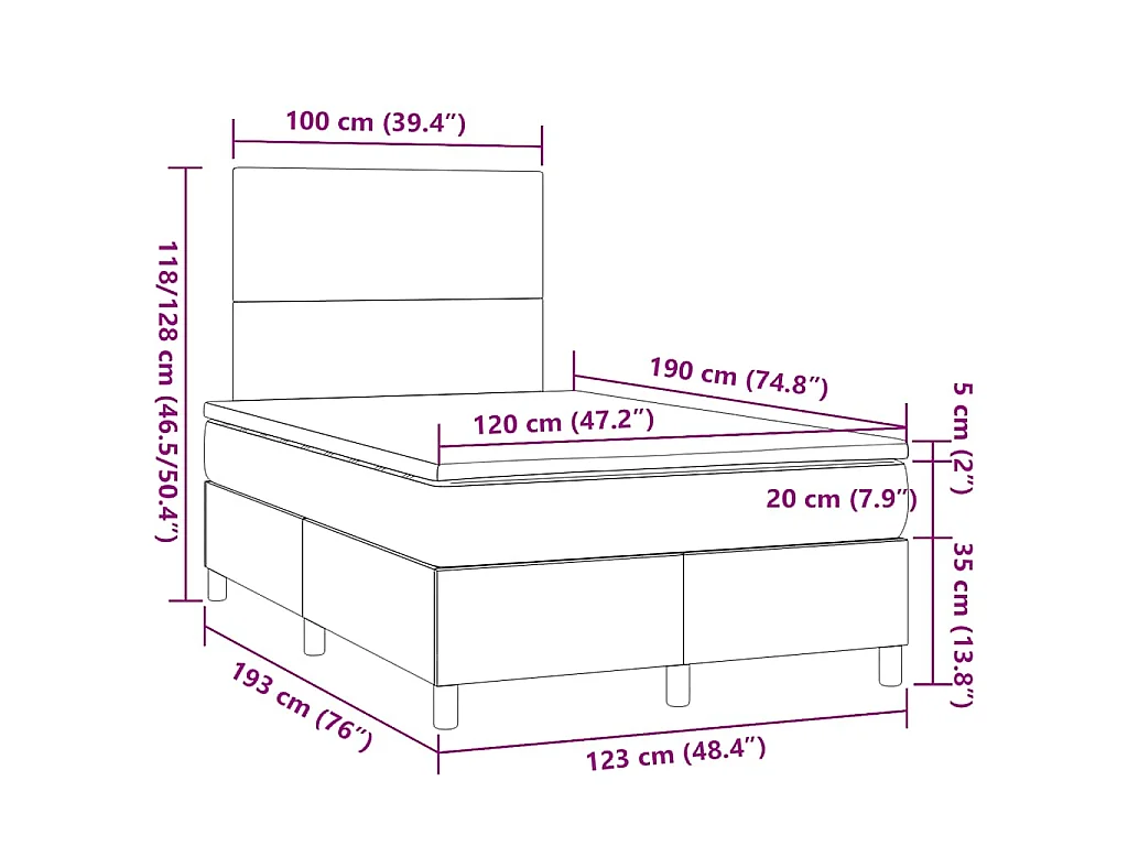 Sommier à lattes de lit matelas et LED marron foncé 120x190 cm