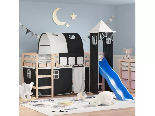 Kauf Unique Kinderhochbett mit Turm Weiß & Schwarz 80x200 cm Kiefernholz