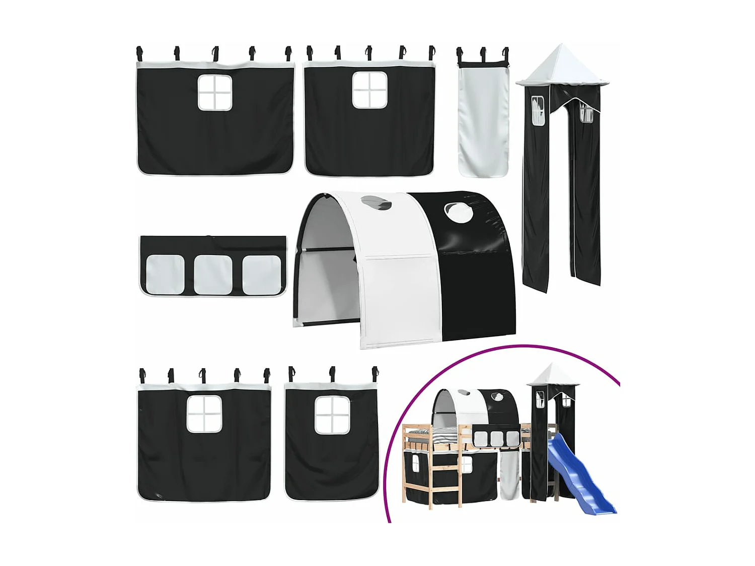 Kinderhoogslaper met toren 80x200 cm grenenhout wit en zwart