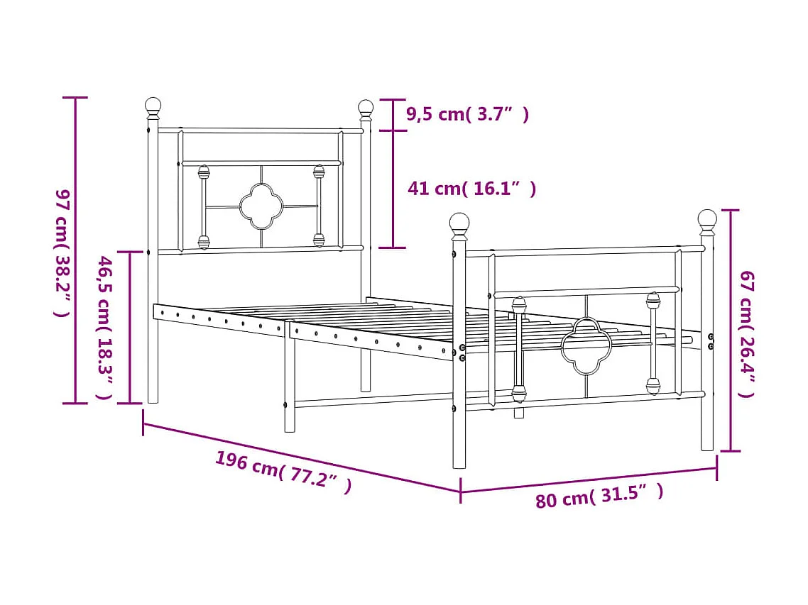 Bedframe met hoofd- en voeteneinde metaal zwart 75x190 cm