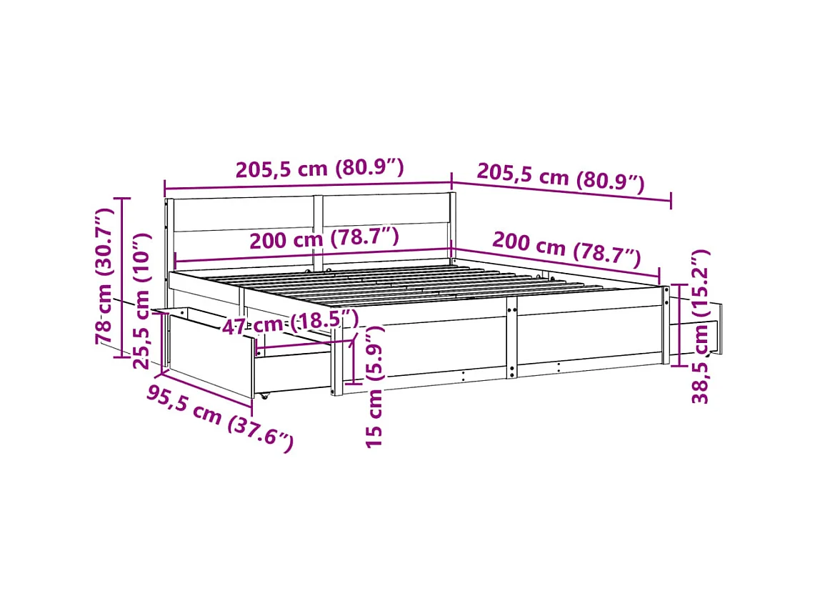 Bedframe zonder matras massief grenenhout 200x200 cm