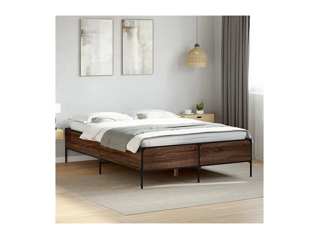 Bedframe bewerkt hout metaal bruin eikenkleur 135x190 cm