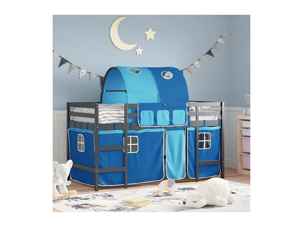 Lit mezzanine enfants avec tunnel sans matelas bleu 90x190 cm