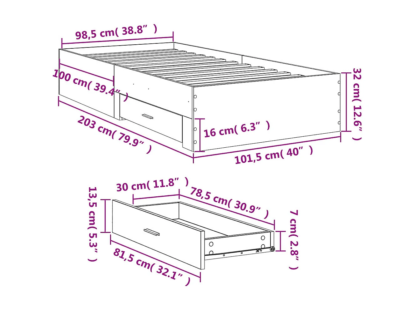Cadre de lit avec tiroirs sans matelas blanc 100x200 cm