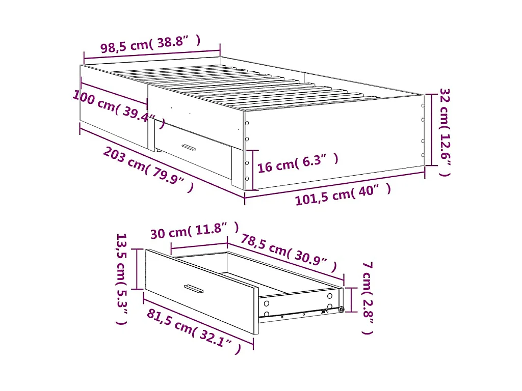 Bedframe met lades bewerkt hout wit 100x200 cm