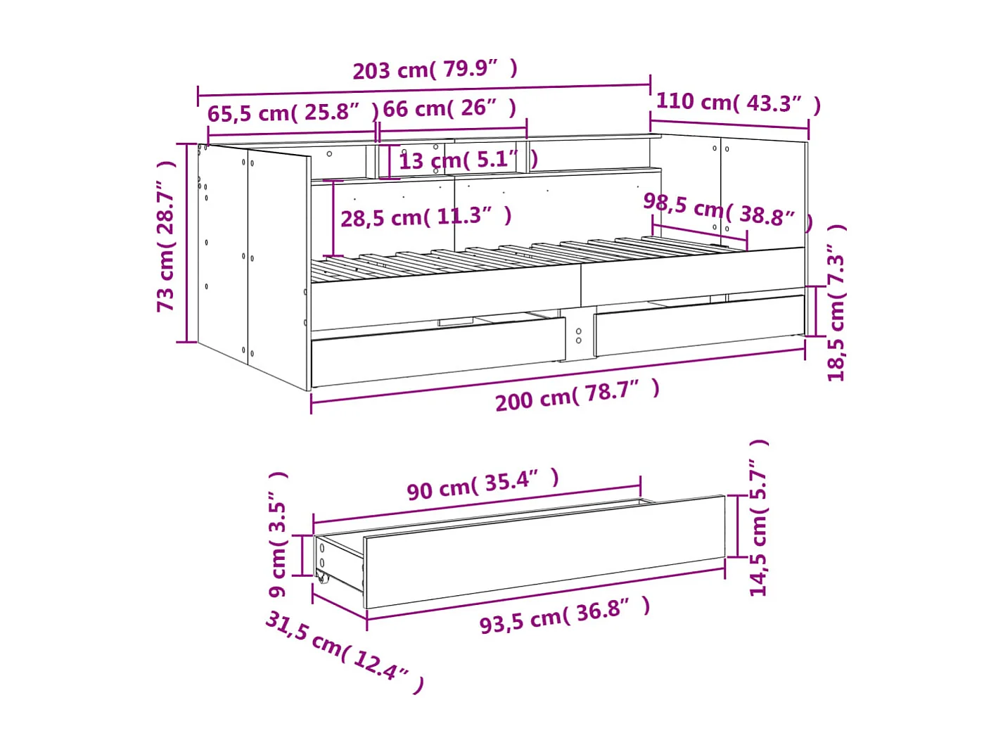 Divano Letto con Cassetti senza Materasso Bianco 100x200 cm