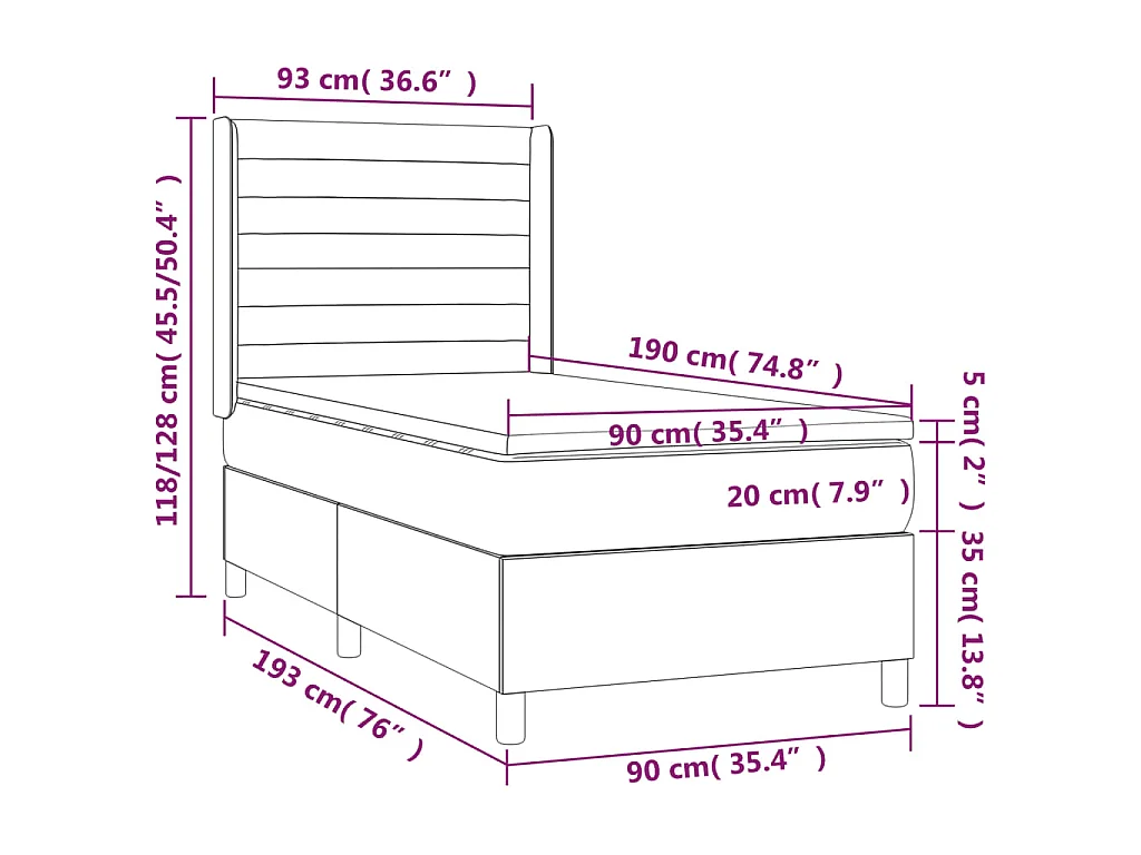 Sommier à lattes de lit matelas et LED Bleu 90x190 cm Tissu