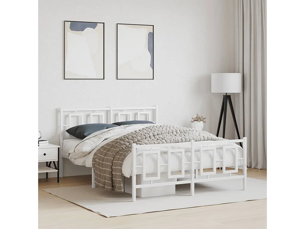 Cadre de lit métal sans matelas et pied de lit blanc 140x190 cm