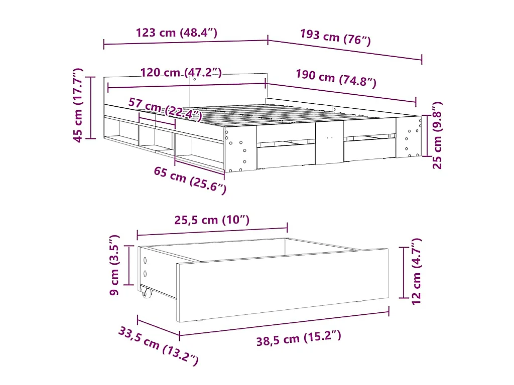 Giroletto con Cassetti Bianco 120x190 cm in Legno Multistrato