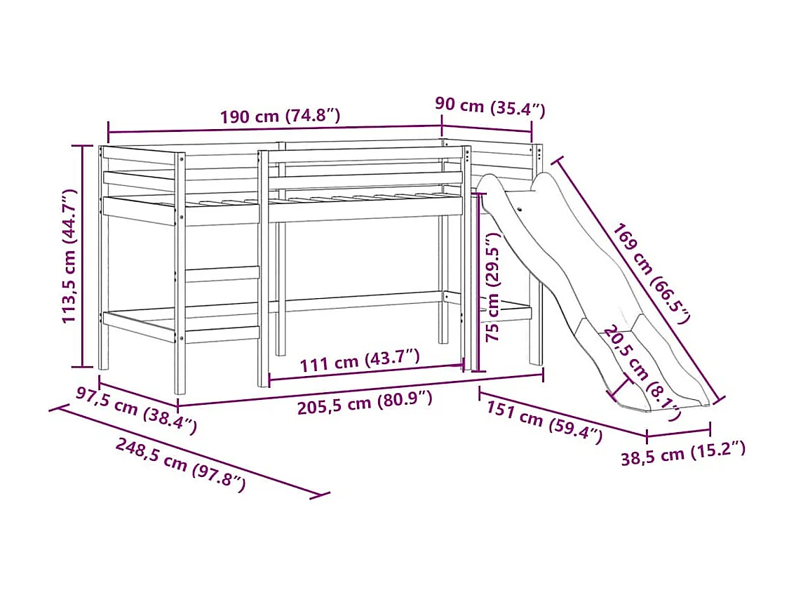 Cama alta p/ criança c/ escorrega 90x190 cm pinho maciço branco