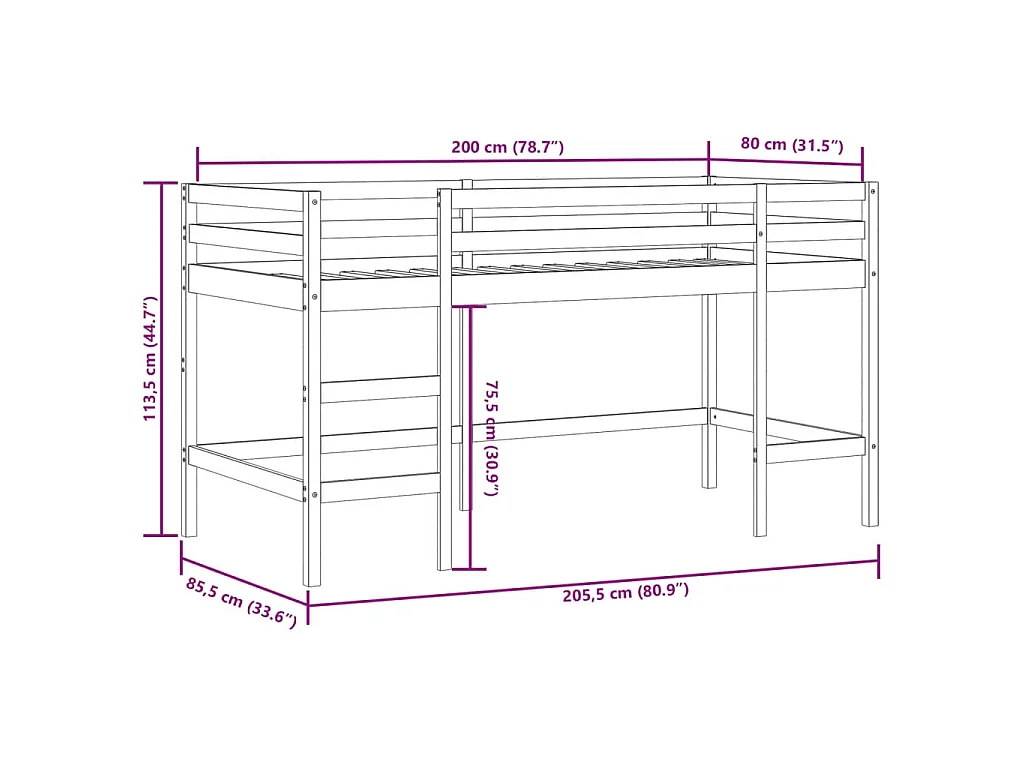 Lit mezzanine enfants avec tunnel sans matelas rose 80x200 cm
