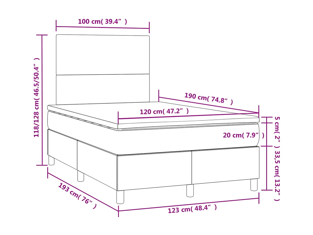 Cama box spring c/ colchão/LED 120x190cm couro artificial cinza