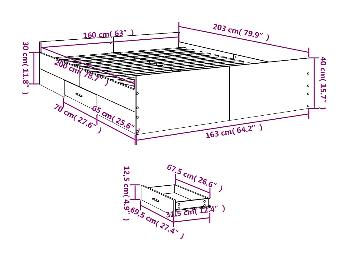 Cadre de lit avec tiroirs sans matelas noir 160x200 cm