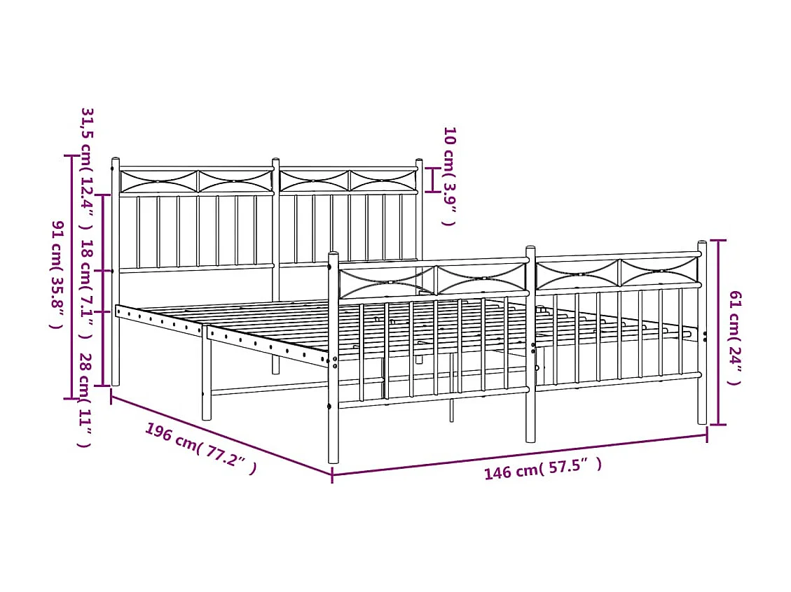 Cadre de lit métal sans matelas et pied de lit blanc 140x190 cm