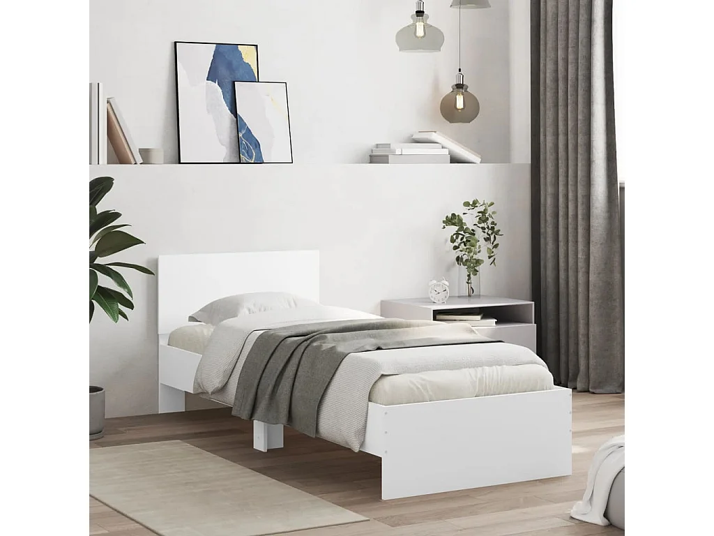 Estrutura de cama com cabeceira e luzes LED 75x190 cm branco