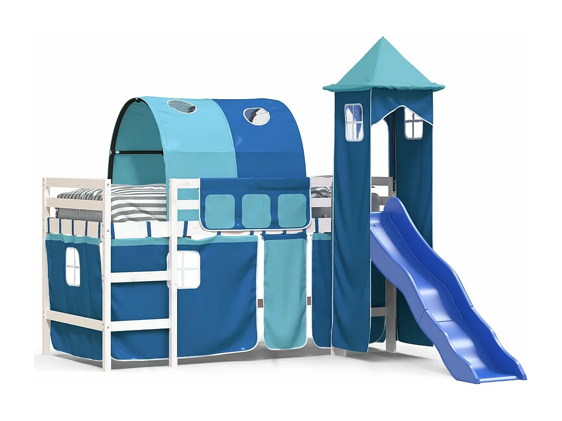 Kinderhoogslaper met toren 90x190 cm massief grenenhout blauw