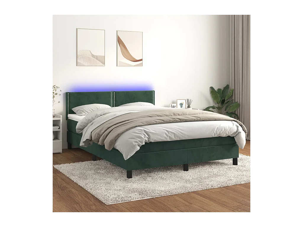 Letto a Molle con Materasso e LED Verde Scuro 140x200cm Velluto
