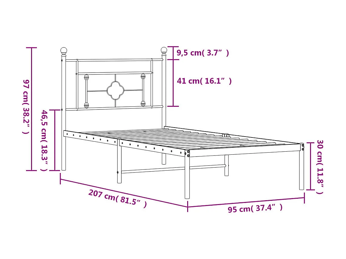 Cadre de lit métal sans matelas avec tête de lit noir 90x200 cm