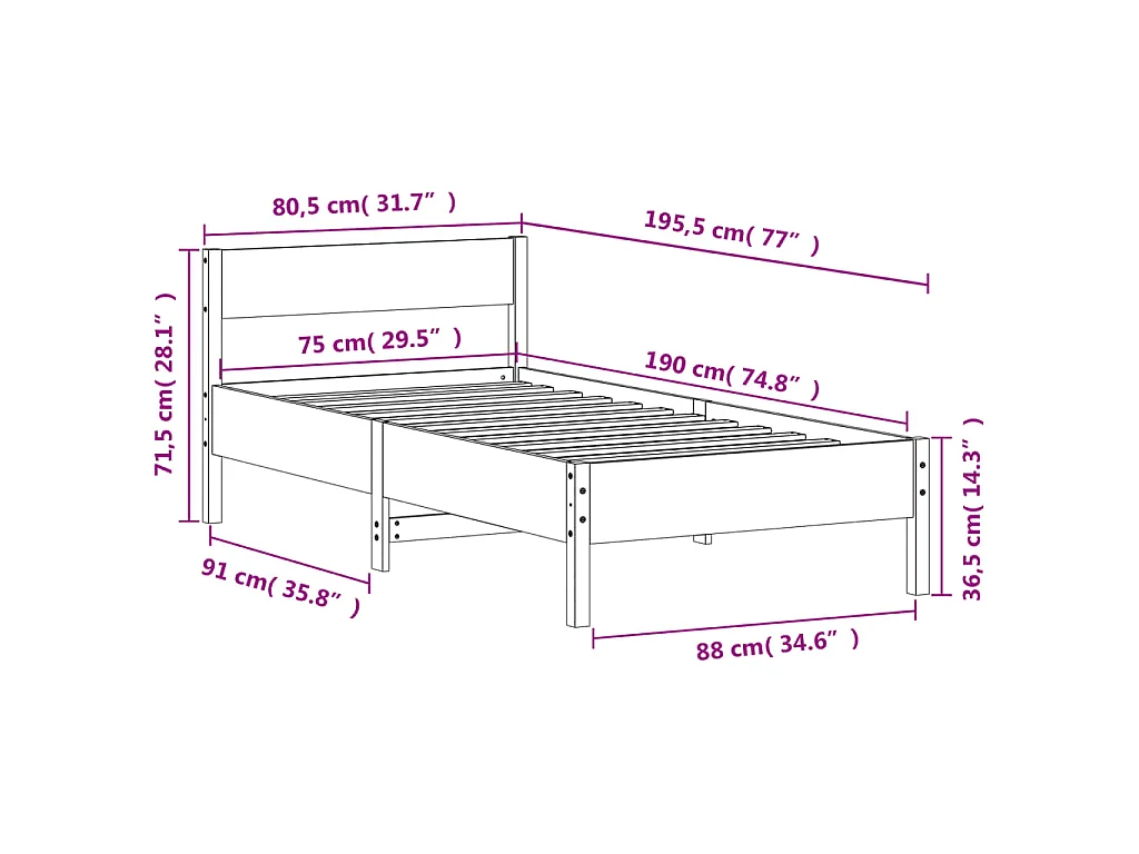 Cadre de lit sans matelas cire marron 75x190 cm bois pin massif
