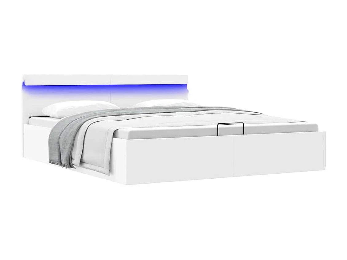 Cama hidráulica c/ arrumação LED 160x200cm couro artif. branco