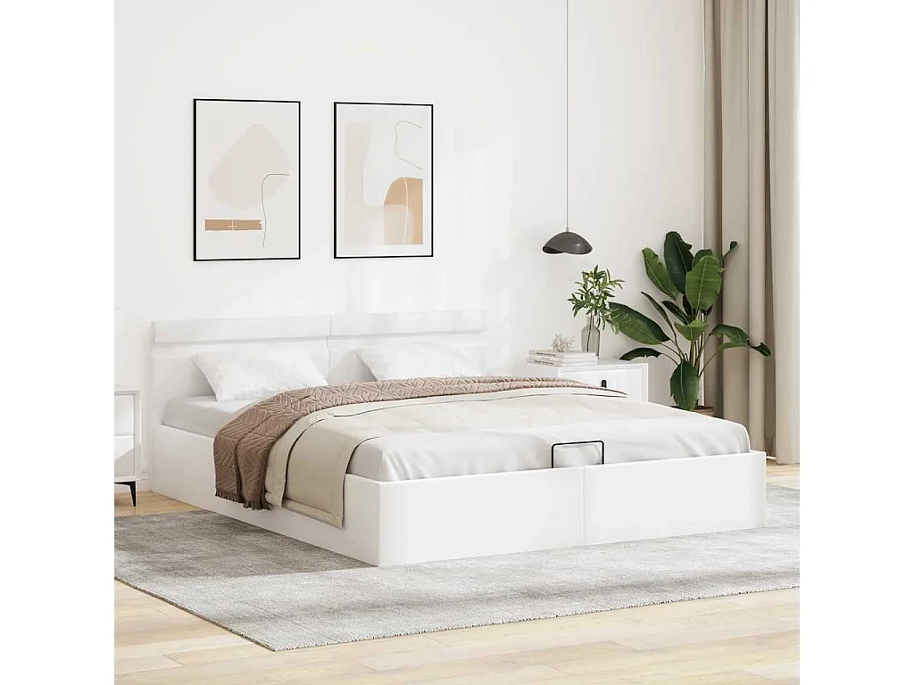 Cama hidráulica c/ arrumação LED 160x200cm couro artif. branco