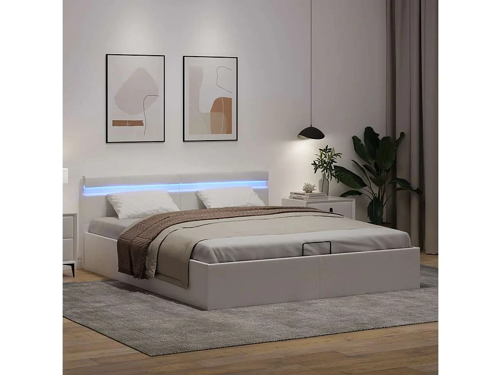 Cama hidráulica c/ arrumação LED 160x200cm couro artif. branco