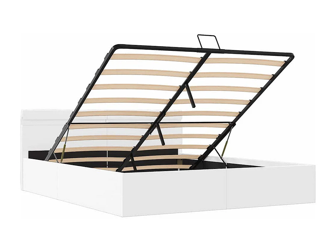 Cama hidráulica c/ arrumação LED 160x200cm couro artif. branco