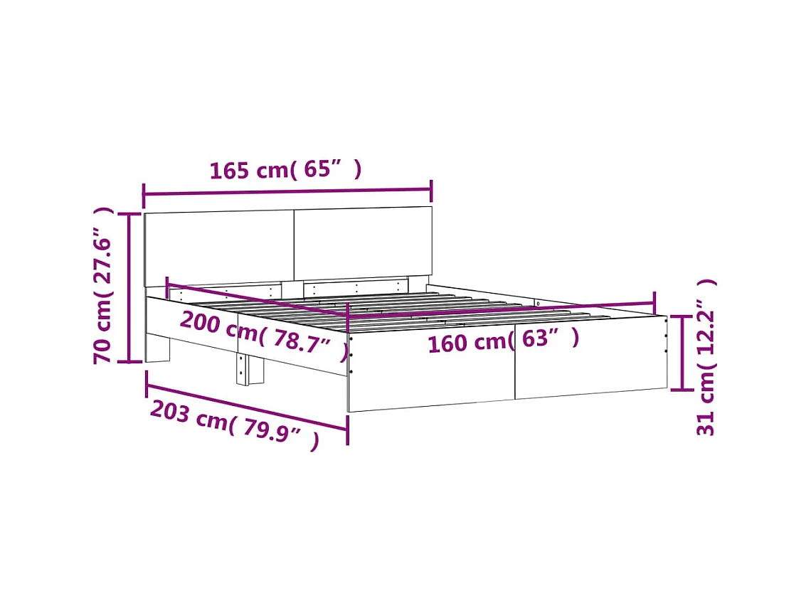 Giroletto con Testiera e LED Rovere Fumo 160x200 cm