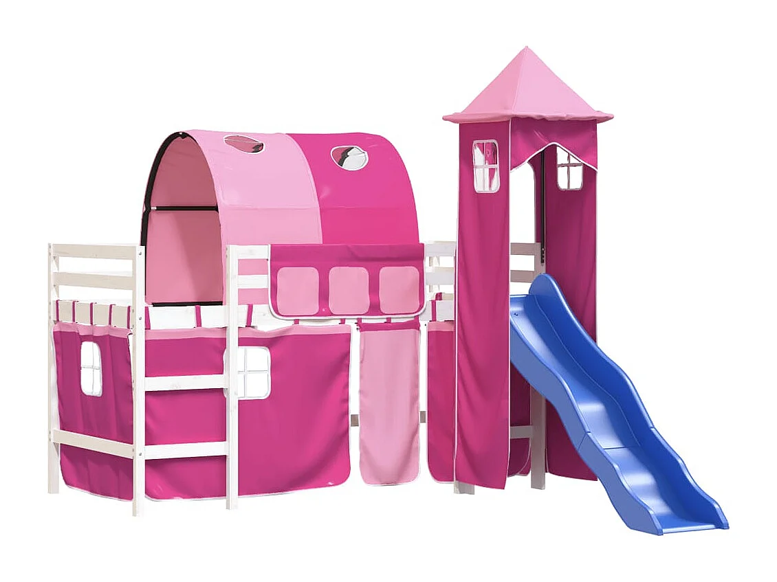 Kinderhochbett mit Turm Rosa 80x200 cm Massivholz Kiefer