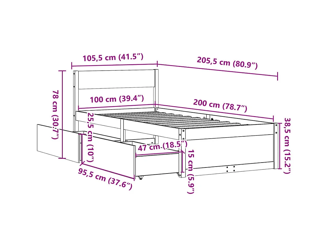 Cadre de lit sans matelas cire marron 100x200cm bois pin massif