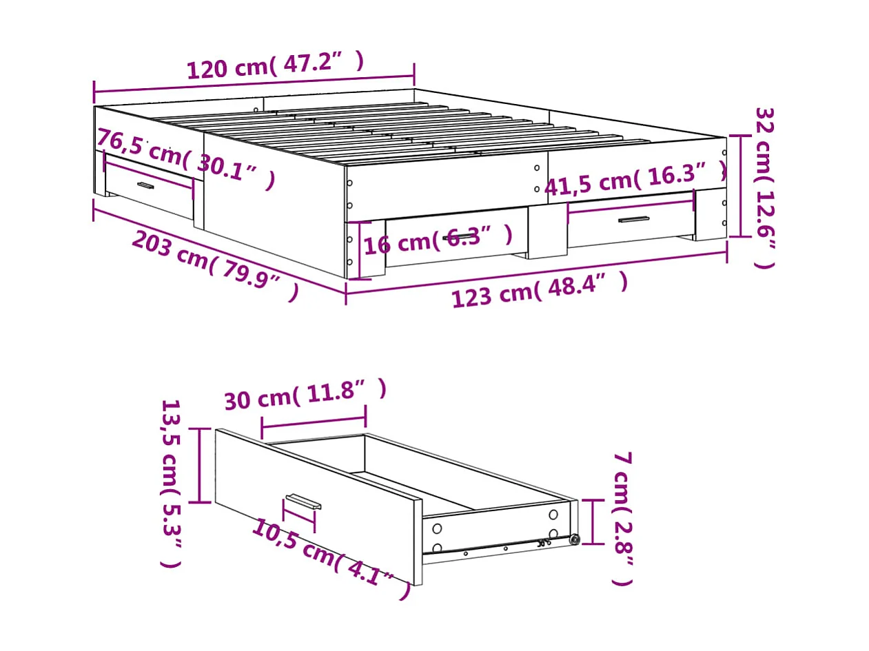 Bedframe met lades bewerkt hout wit 120x200 cm
