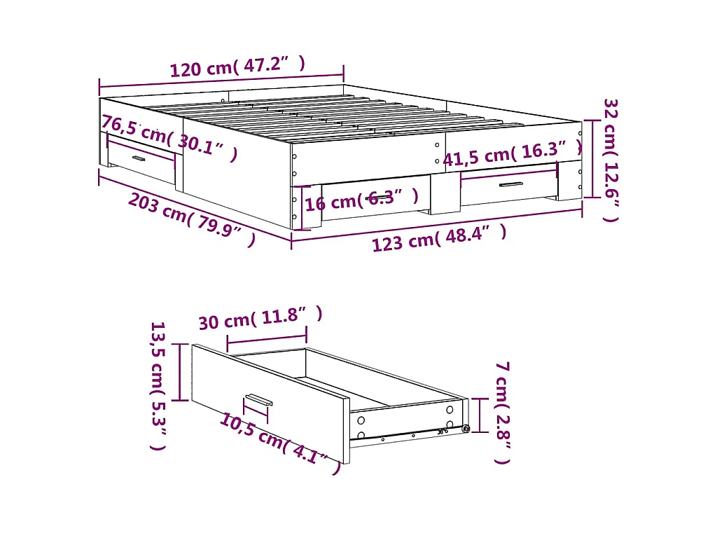 Cadre de lit avec tiroirs sans matelas blanc 120x200 cm