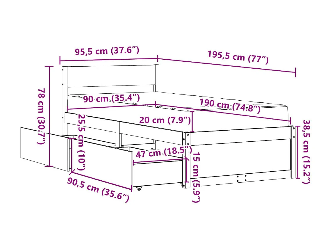 Lit avec tiroirs/matelas cire marron 90x190 cm bois massif pin