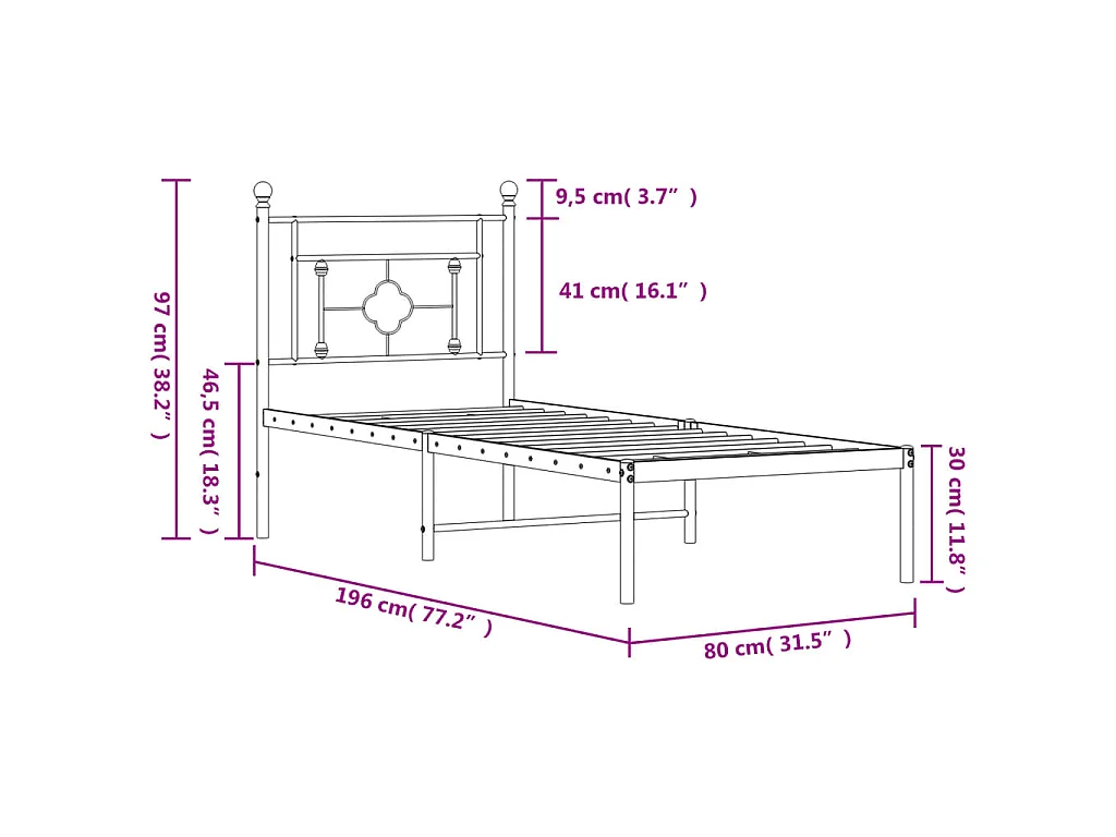 Cadre de lit métal sans matelas avec tête de lit blanc 75x190cm