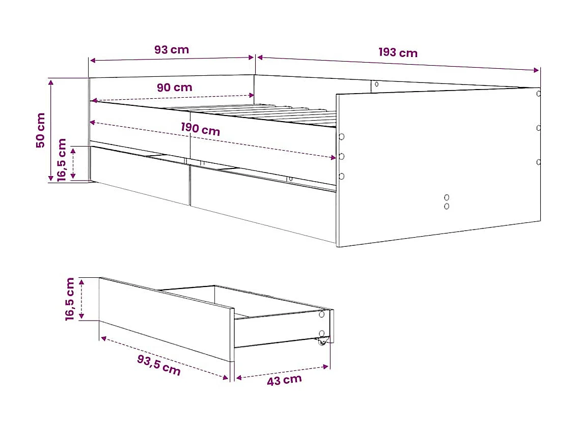 Bettgestell mit Schubladen Schwarz 90x190 cm