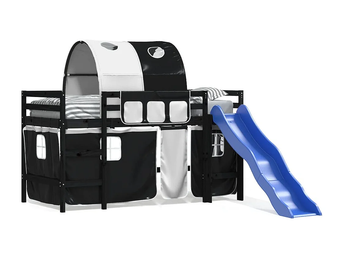 Cama alta criança c/ túnel 90x190 cm pinho maciço branco/preto