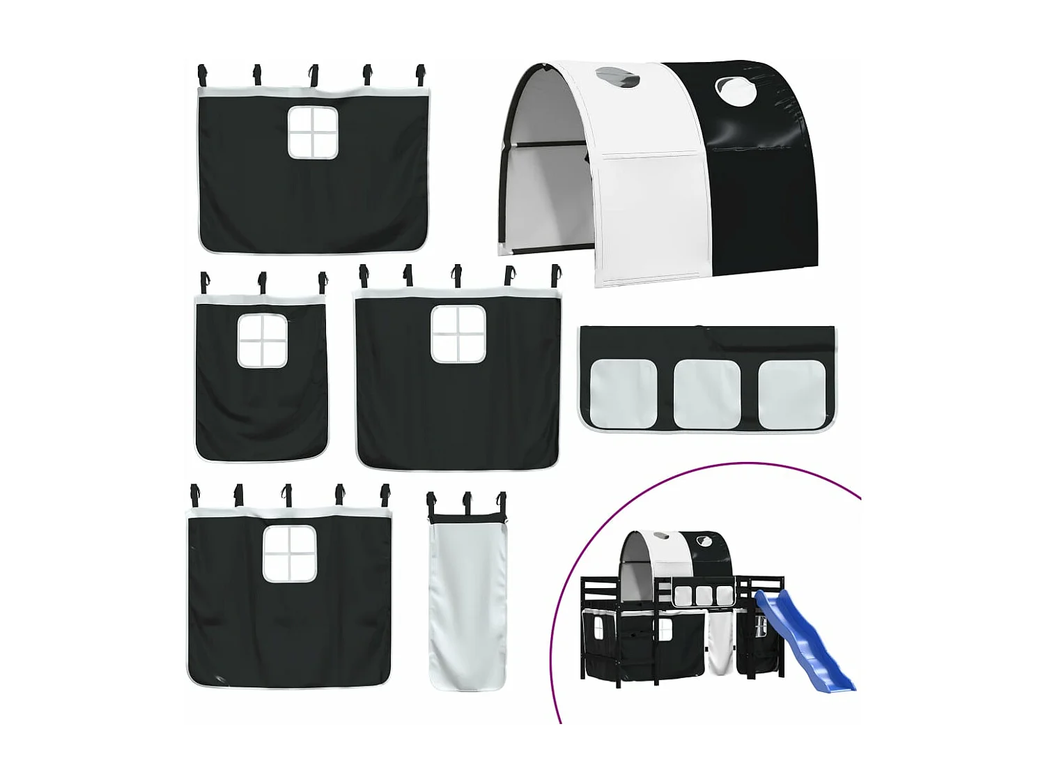 Cama alta criança c/ túnel 90x190 cm pinho maciço branco/preto