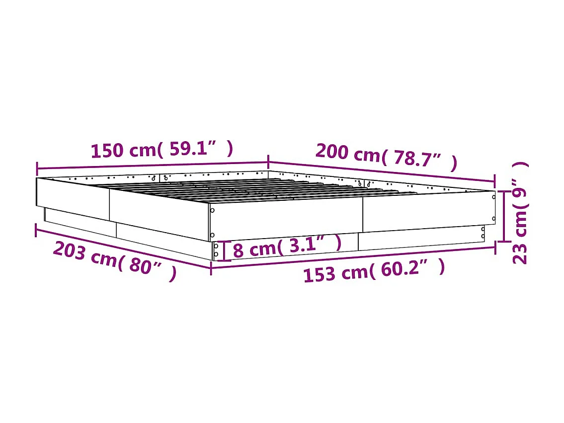 Cadre de lit avec LED sans matelas chêne marron 150x200 cm